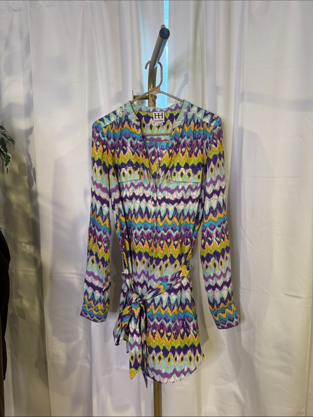 Haute Hippie Silk Multi-Color Ikat Wrap Tunic Purple, Aqua & Yellow Small Boho